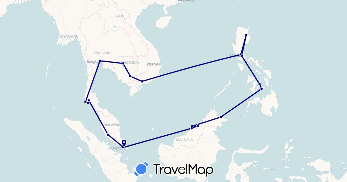 TravelMap itinerary: driving in Brunei, Cambodia, Malaysia, Philippines, Singapore, Thailand, Vietnam (Asia)